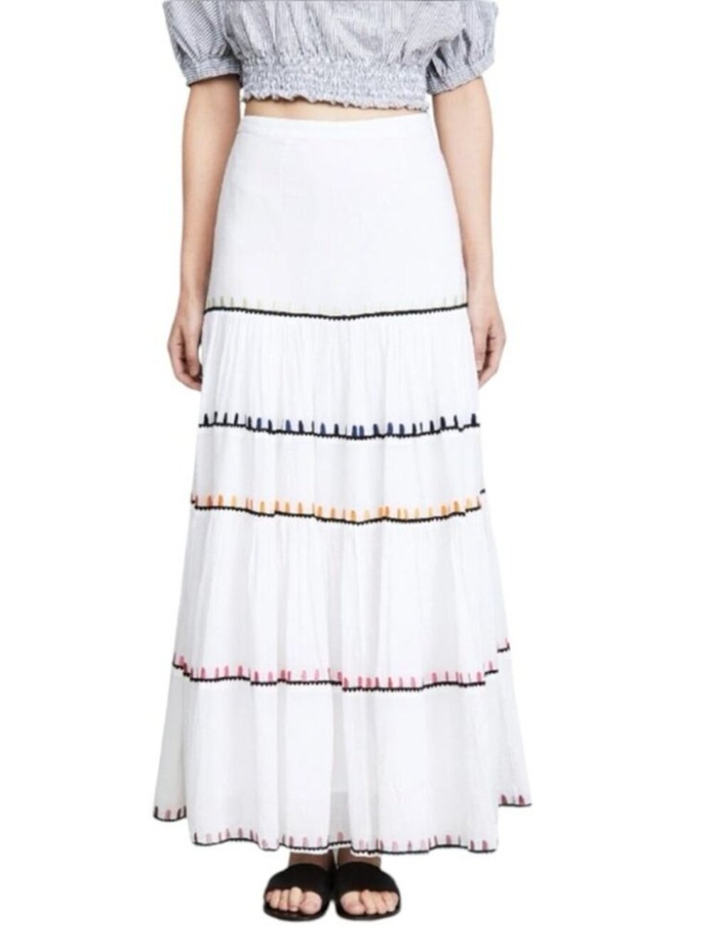 White Tiered Maxi Skirt with Contrast Trim